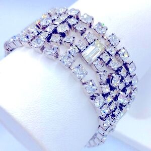 Vintage Silver Tone  Prong Set Baguette And Round Cut Rhinestones Wide Bracelet